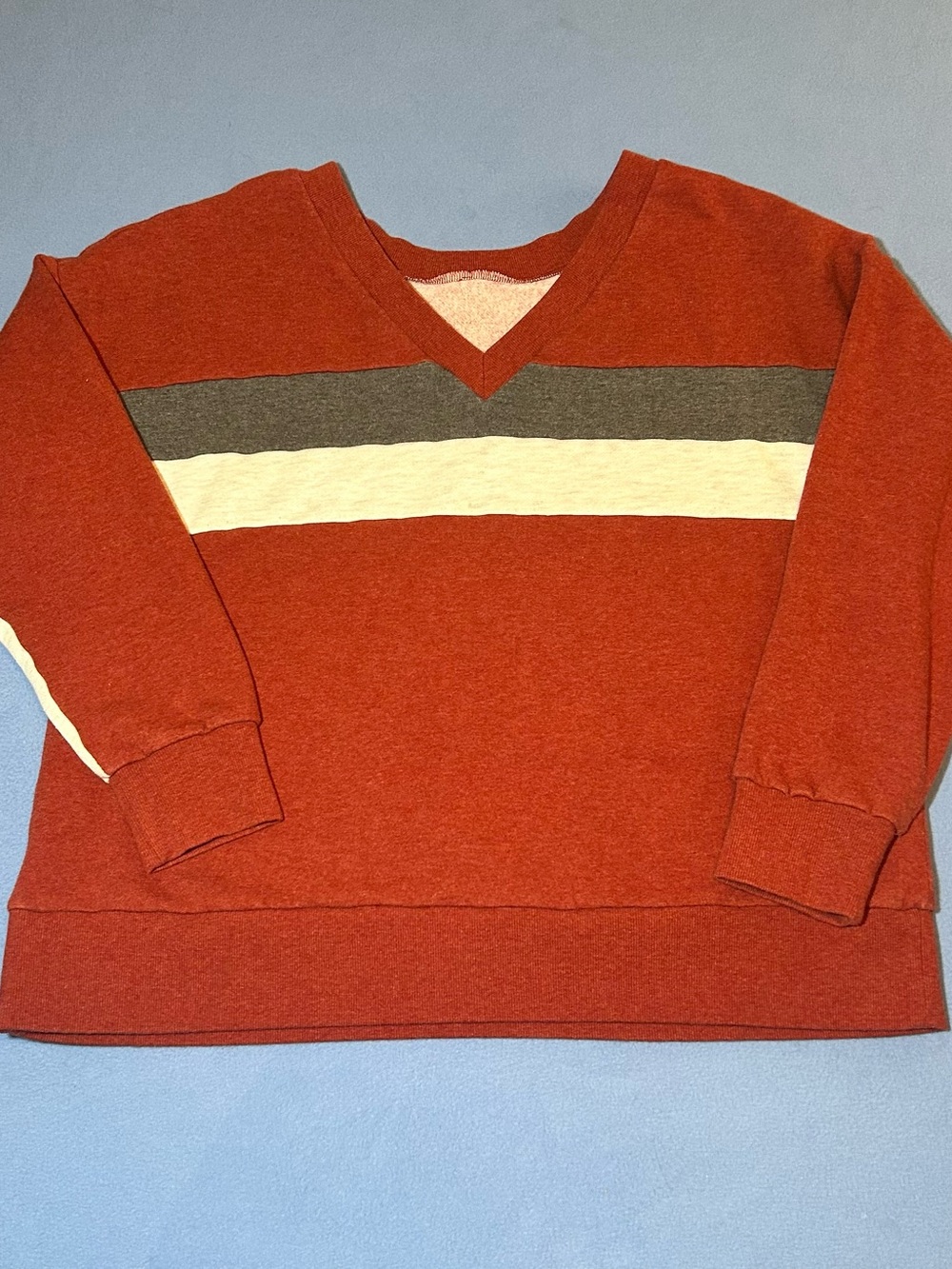 Cruel or Cinch Women's V-Neck Stripe Pullover Sweatshirt- Rust with Gray & Cream